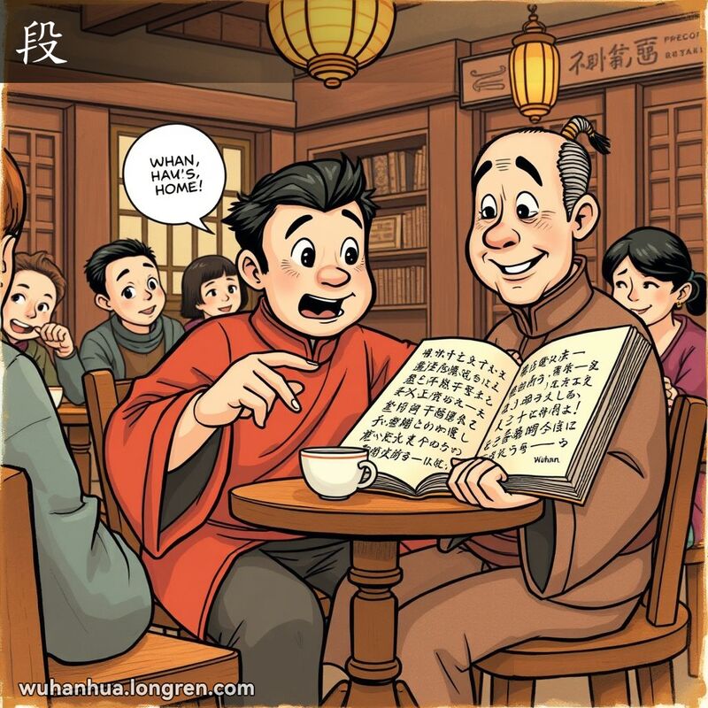 武汉茶馆内，说书人正在讲述一段感人的故事，背景中顾客专注聆听，脸上带着微笑。