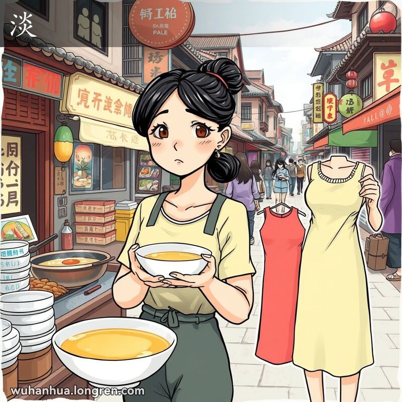 一位武汉市民在街边小摊前，手持一碗淡而无味的汤，表情略显失望；另一场景中，她手持一块浅色的布料，与鲜艳的衣服对比，布料颜色浅淡，她的表情不太满意。