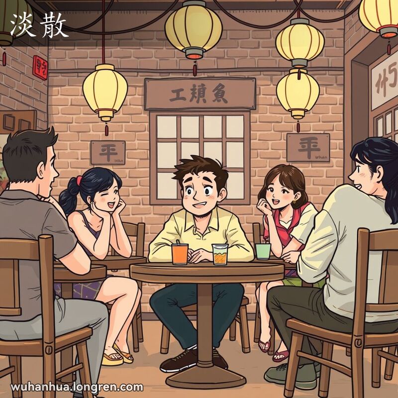 一群朋友在武汉茶馆聚会，一个男子坐在稍远处，表情冷淡，眼神游离，显得不感兴趣，背景是老砖墙和挂着的灯笼。