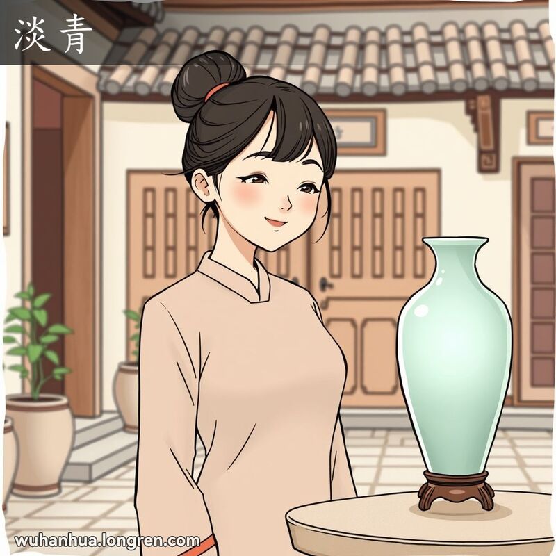 一位武汉女子在传统庭院中欣赏淡青色瓷瓶，背景有中国传统建筑和绿植