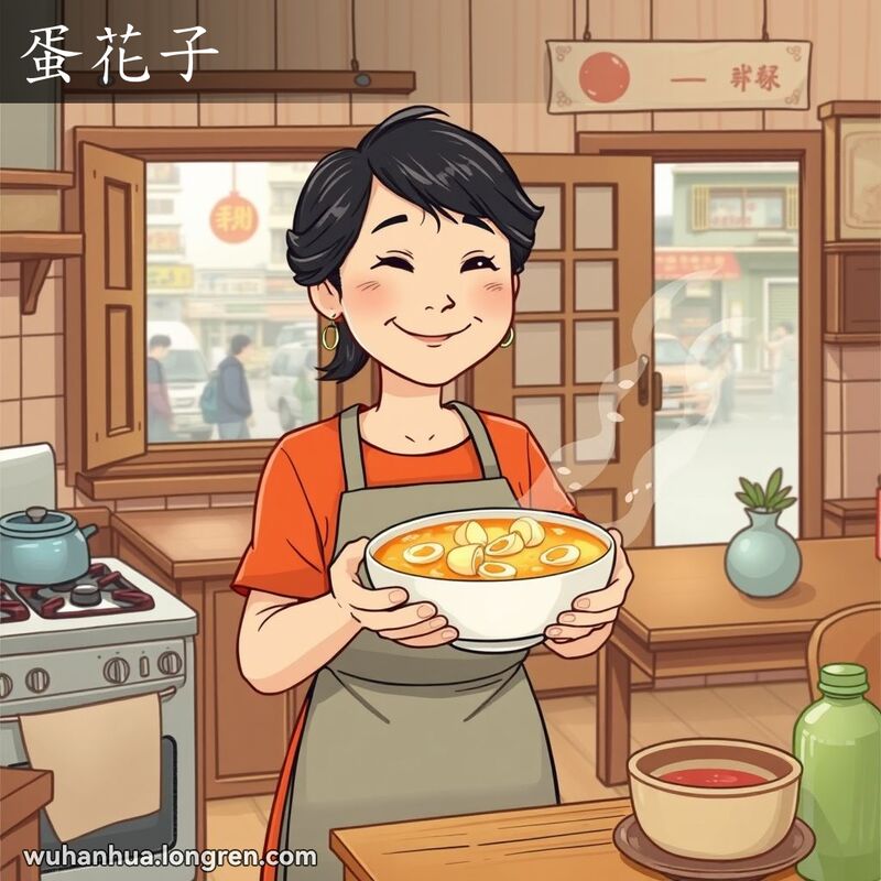一位中年妇女在武汉厨房中手持一碗蛋花汤，脸上带着满意的笑容，背景是温馨的厨房和窗外的街景
