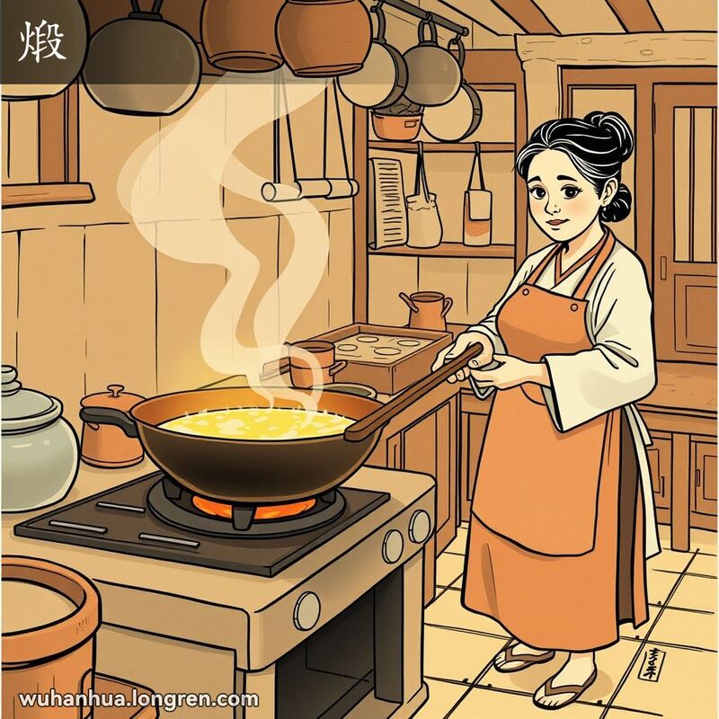 一位中年妇女在传统武汉厨房中加热一锅油，背景是木质橱柜和瓷砖地面，天花板上挂着锅碗瓢盆。