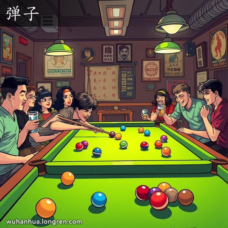 一群朋友在武汉弹子房里围绕台球桌，一位年轻人手持球杆瞄准球，背景是昏暗灯光和复古海报