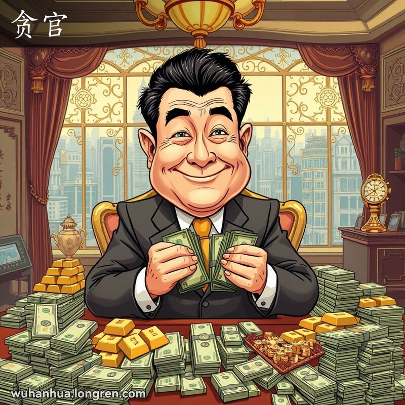 一位贪官坐在豪华办公室内，周围堆满现金和奢侈品，正在数钞票，脸上带着贪婪的笑容。