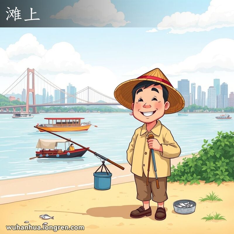 一位武汉男子在长江边的沙滩上垂钓，背景是长江大桥和城市景观