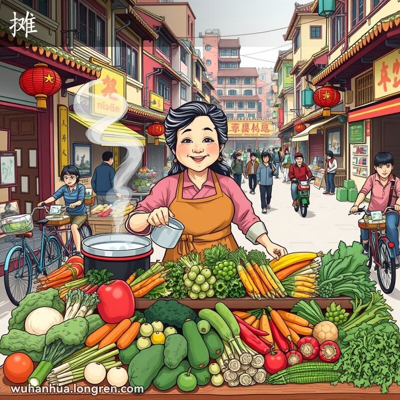 武汉街头市场，中年妇女在摊位上铺开蔬菜，背景有冒热气的开水，她正将开水倒入碗中摊凉。