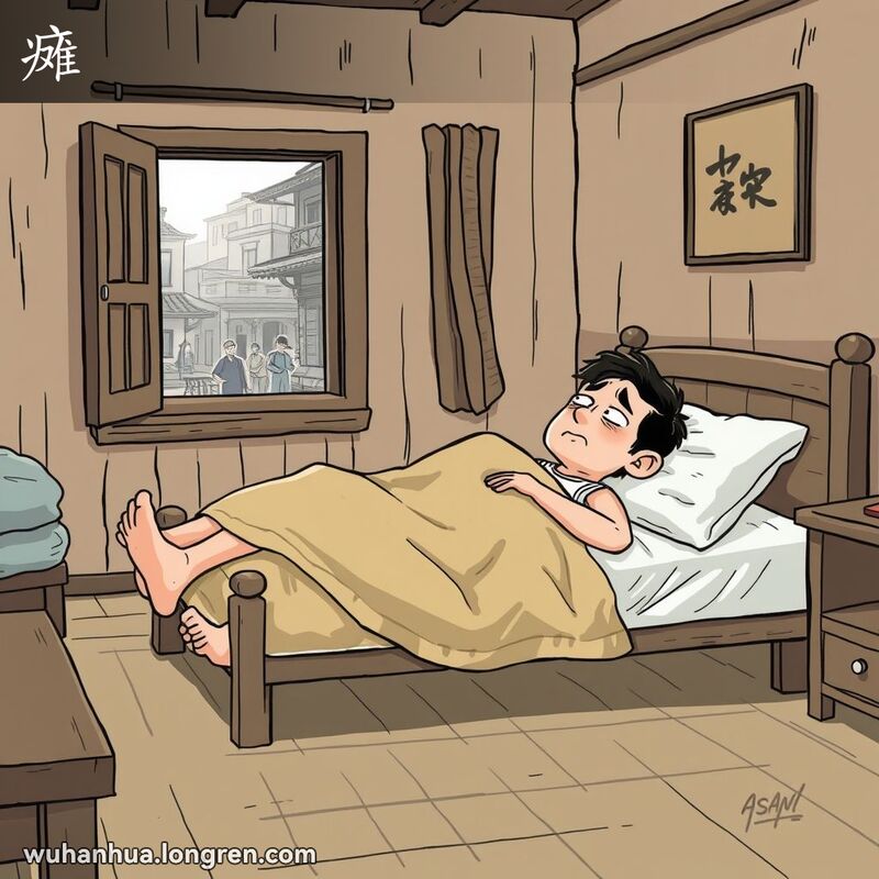 一个人躺在床上，四肢无力，脸上露出无奈的表情，背景是武汉老房子和老街景象