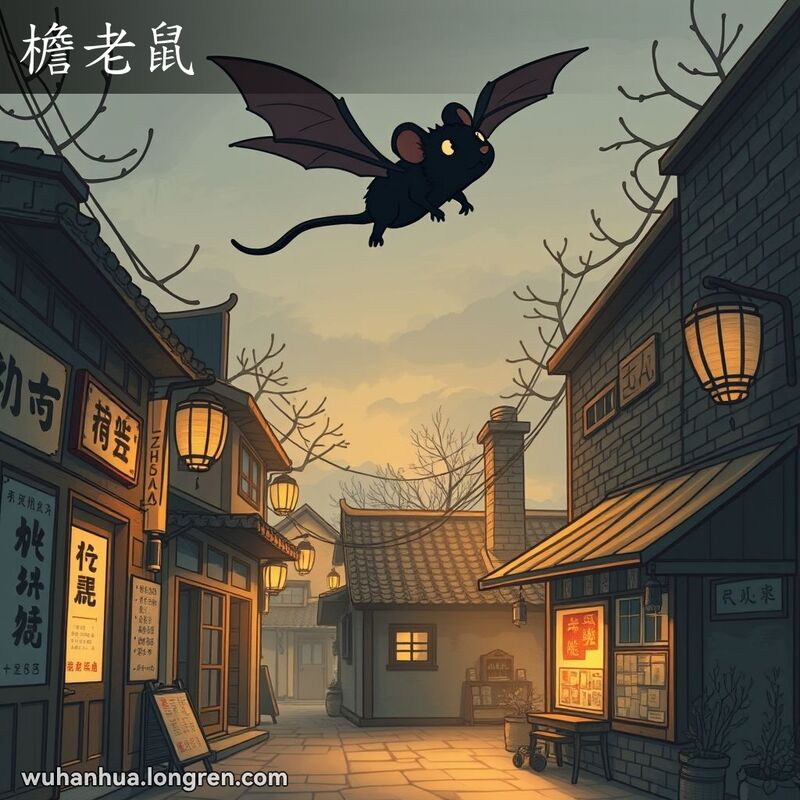 夜晚的武汉老街景，一只蝙蝠在空中飞翔，背景有老式建筑和灯笼