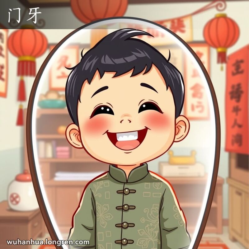 一位武汉儿童站在镜子前，露出灿烂的笑容，展示他的门牙，背景是温馨的家庭环境