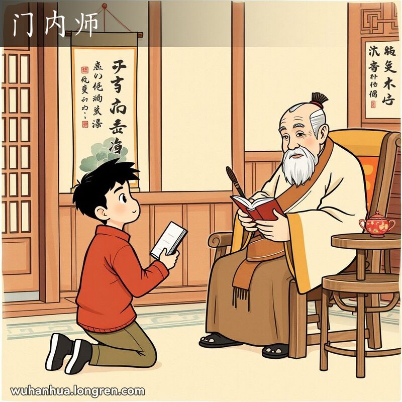 一位年轻人跪在家族长辈面前，长辈手持书卷和毛笔，背景有传统中国元素，表现“门内师”的场景