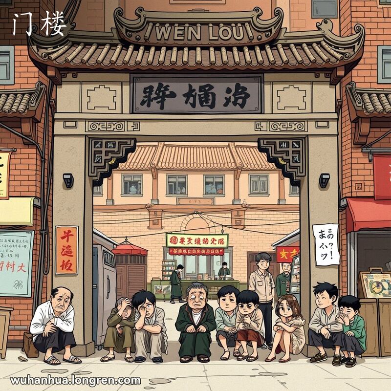一条传统的武汉老街，街道上有一座装饰华丽的牌楼式门楼，门楼下聚集着一群穿着破旧衣服的乞丐。