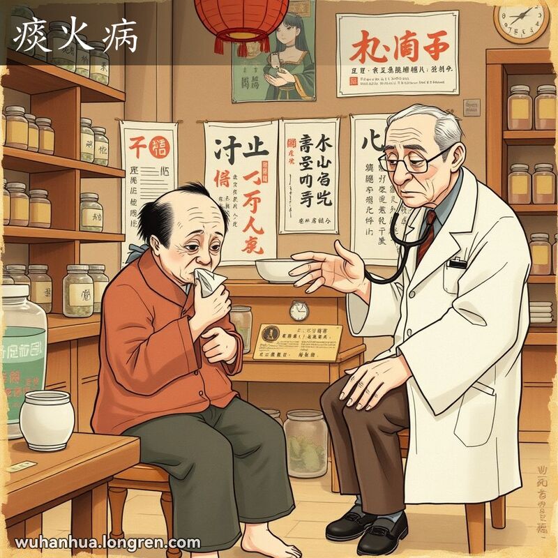 一位老中医在武汉的传统中医诊所里为一位咳嗽发热的病人诊断，背景有中药罐子和健康宣传海报