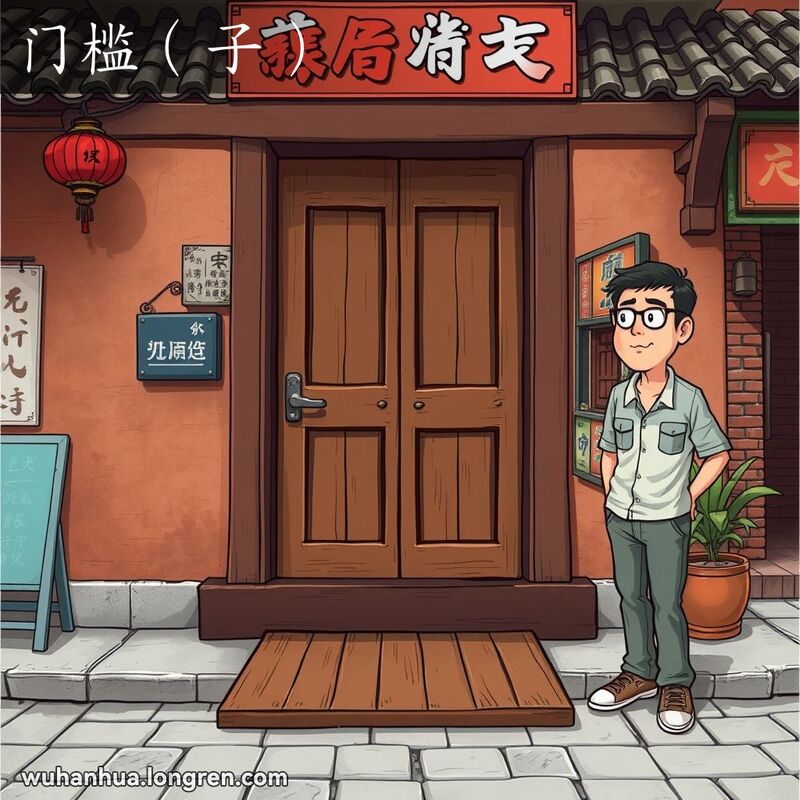 一位武汉市民站在传统院落的木门前，门下有一块显眼的木制门槛，背景是武汉老街景