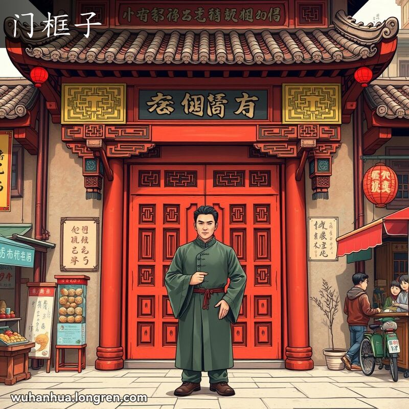 一位穿着传统服饰的男子自豪地站在雕刻精美的红色门框前，背景是武汉的老街景