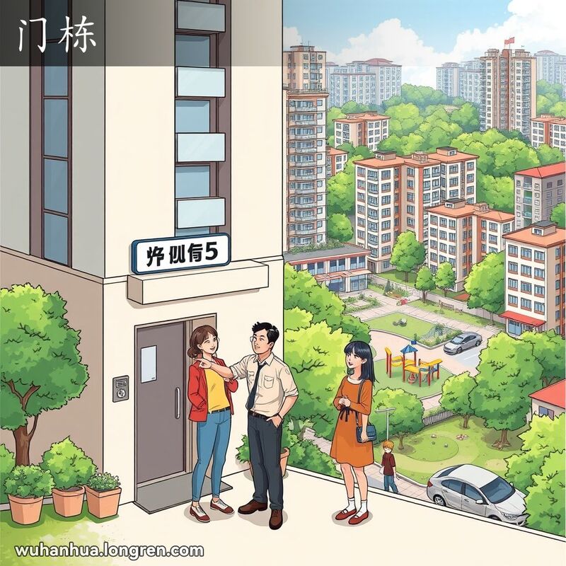 一栋武汉公寓楼前，一家人指着“五号门栋”标识讨论，背景是绿树成荫的社区