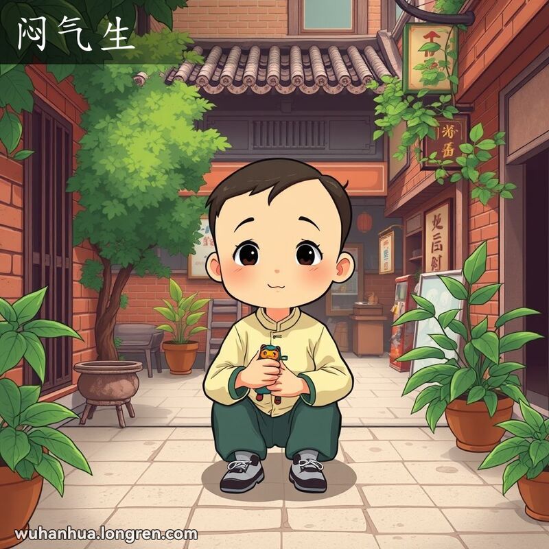 一个安静的小男孩独自坐在武汉传统庭院中，手握玩具，背景是武汉老街景
