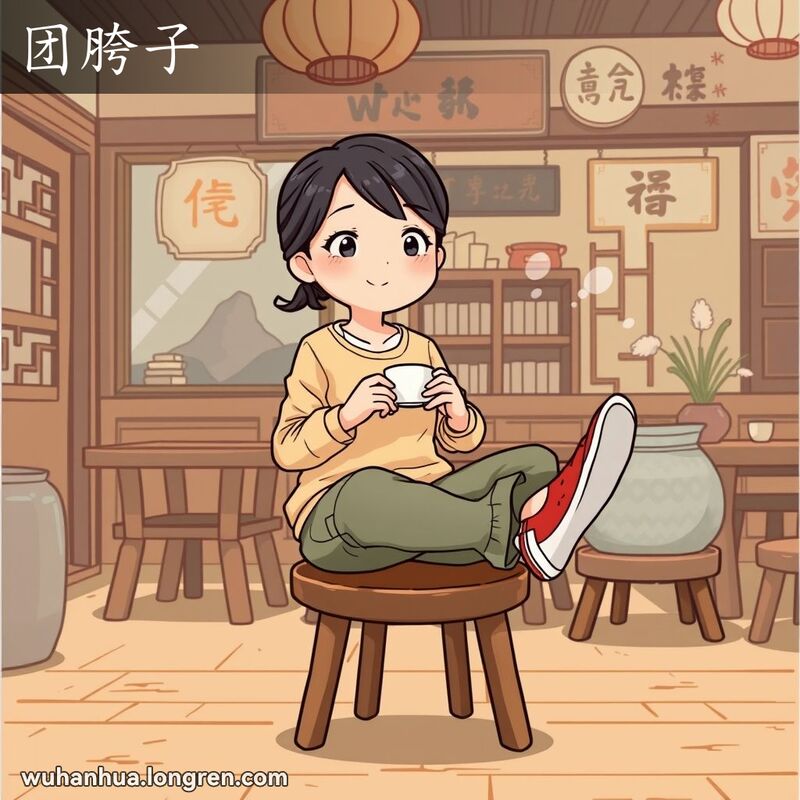 一位武汉女子在茶馆中舒适地坐着，双腿交叉，展示“团胯子”的动作，背景是温馨的茶馆
