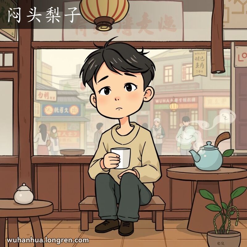 一位安静的人独自坐在武汉茶馆中，手捧茶杯，沉思中，背景是传统茶馆环境