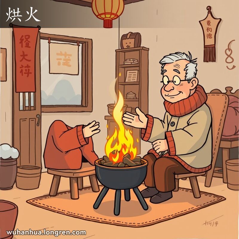 一位老人在冬季客厅里靠近火盆取暖，双手伸向火盆，背景是温馨的武汉老家场景