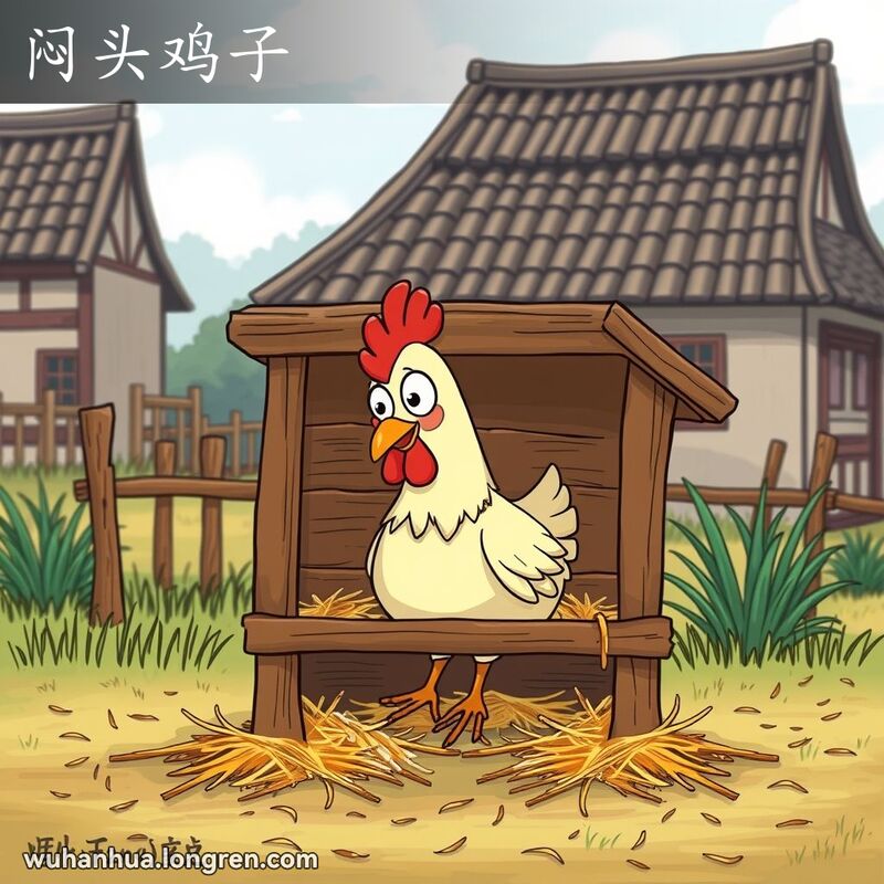 一只安静的鸡坐在武汉乡村的鸡舍里，头微微低下，表情平静，背景是传统的中国农舍。