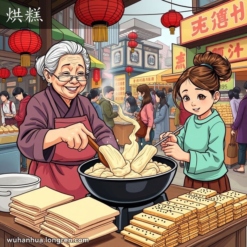 武汉街头市场，摊贩制作烘糕，背景有其他小吃摊位