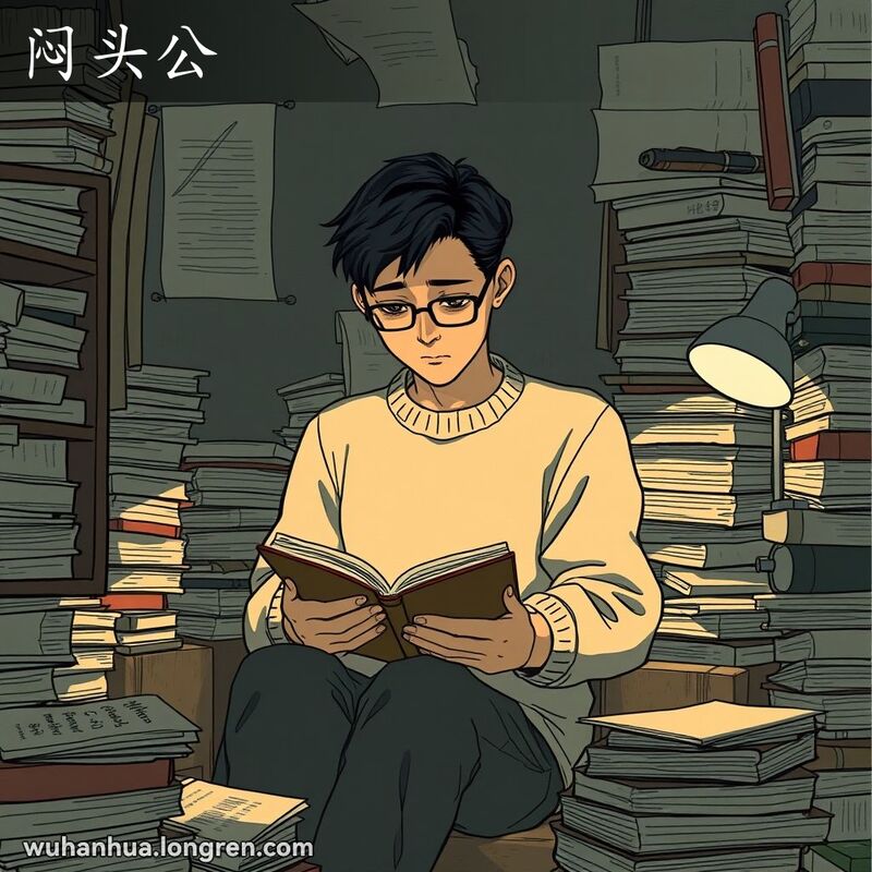一位男子独自坐在昏暗的房间里，沉浸在书中，不与周围的人互动，表现出“闷头公”的特征。