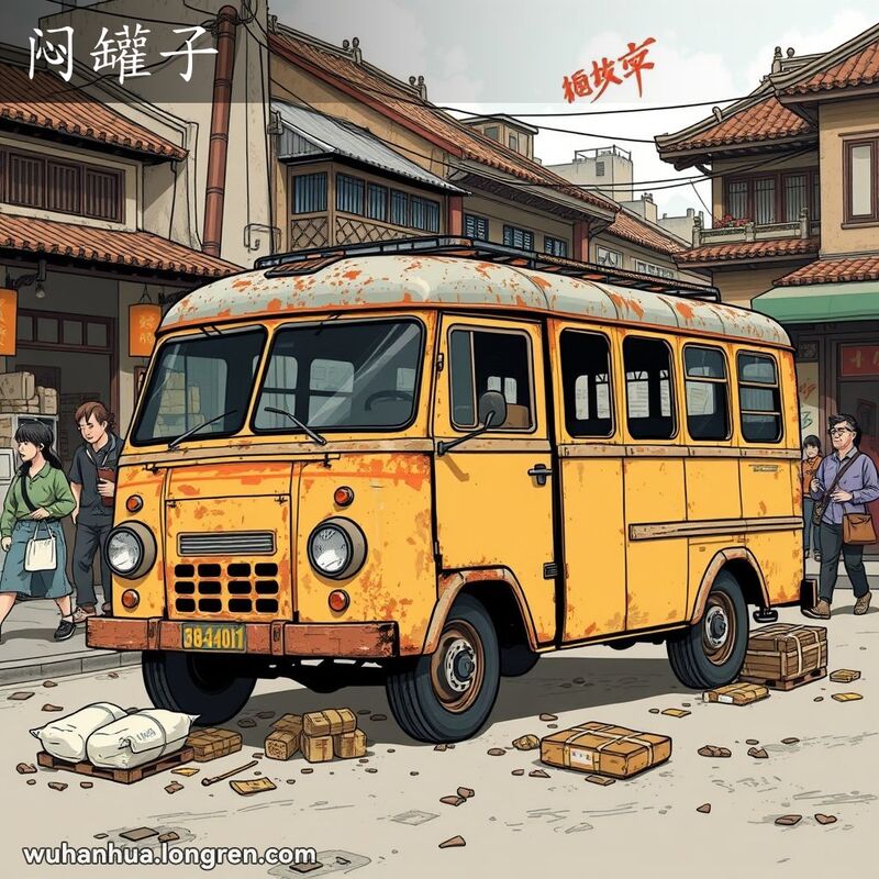 一辆老旧的货车，车顶是铁皮的，没有窗户，停在武汉的街道上，周围是老建筑和小店铺，货车周围堆放着货物。