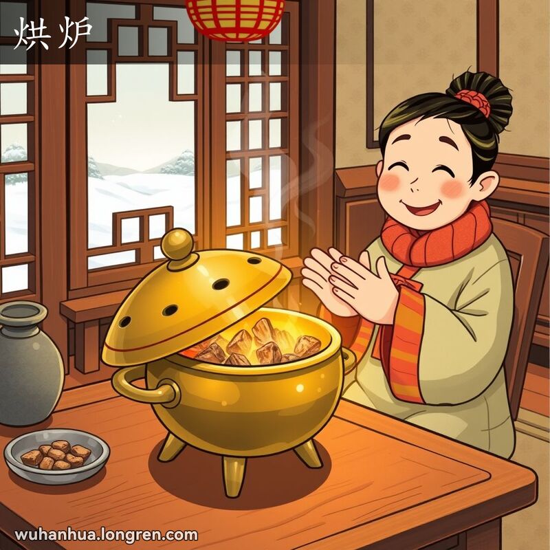 一个传统中国房间内，桌上放着一个小巧的圆形铜手炉，名为“烘炉”，手炉内燃烧着炭巴或锯末，散发出温暖的光芒。一位穿着传统中国冬装的人坐在桌旁，双手悬在手炉上方，脸上带着满足的微笑，享受着温暖。