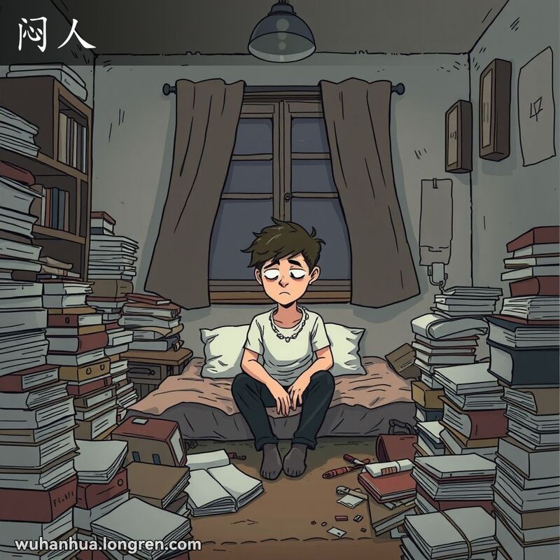 一个人坐在床上，周围堆满书籍和杂物，房间昏暗、空气不流通，表情沮丧和烦躁，反映“闷人”的感觉。
