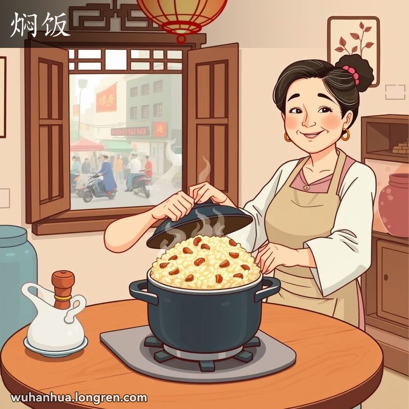 一位中年妇女在厨房里揭开锅盖，露出一锅焖饭，脸上带着满意的笑容，背景是温馨的厨房和武汉街景