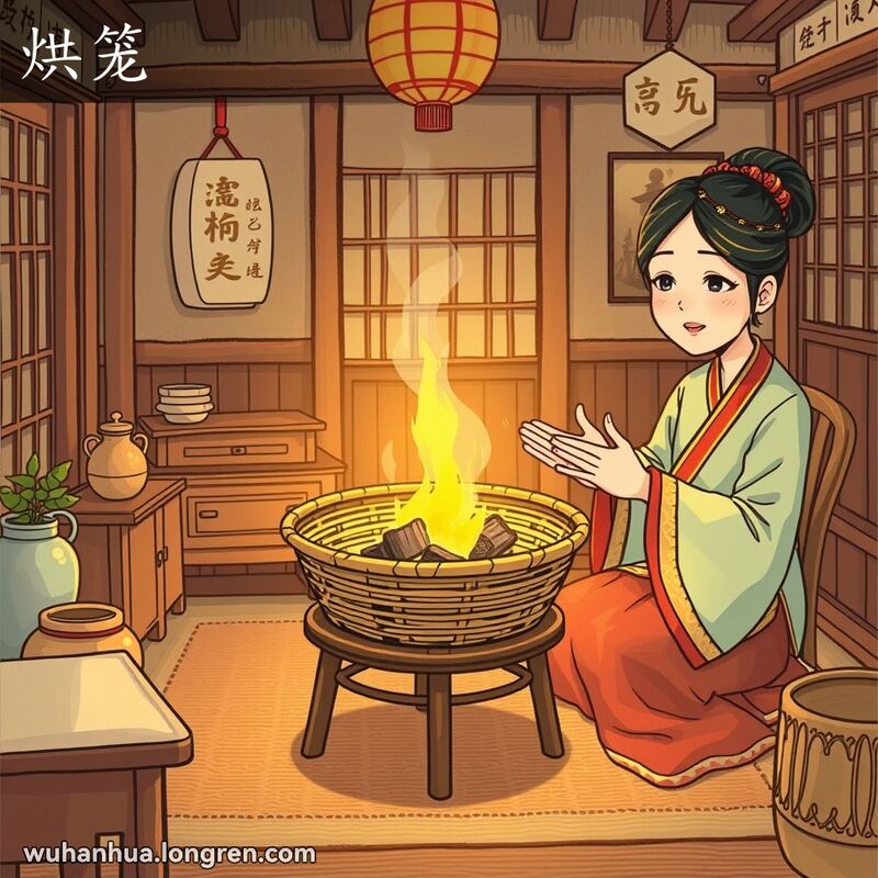 一位妇女在传统中式房间内，双手放在竹笼上方取暖，竹笼内有小炭炉。