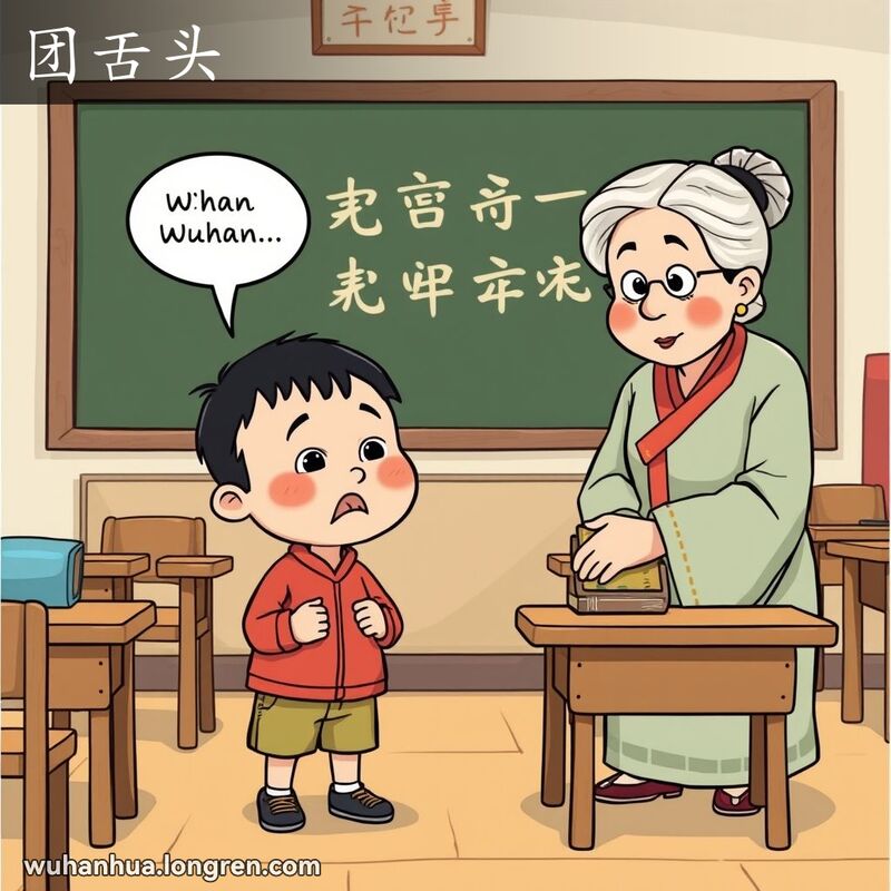 一位武汉小学生在课堂上因舌头打结而发音不清，背景是传统的武汉教室