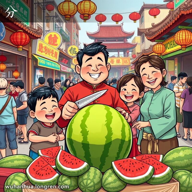 一个武汉家庭在街市上，父亲准备切西瓜，母亲和孩子在一旁兴奋地观望，背景是繁忙的市场和传统建筑。