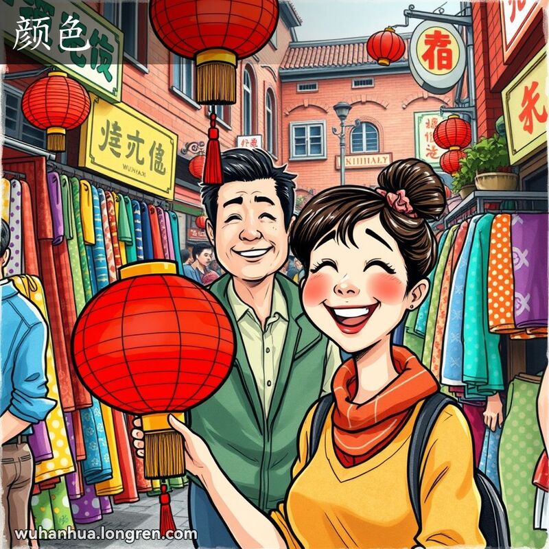 武汉街头市场，女子手持红灯笼，男子浏览彩色布料，背景是武汉老街景