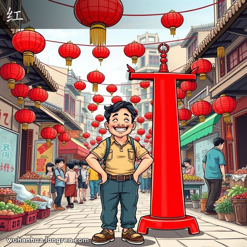 武汉街道红灯笼高挂，市民站在红色秤旁，秤杆翘起，脸上带着成功的笑容，背景是热闹的市场。