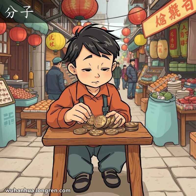 一个武汉居民在街市摊位前数着不同材质的“分子”硬币，背景是热闹的市场