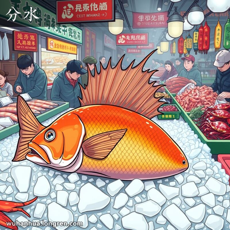 武汉鱼市场中的一条大鱼，鱼鳍清晰可见，背景有其他海鲜和忙碌的人群