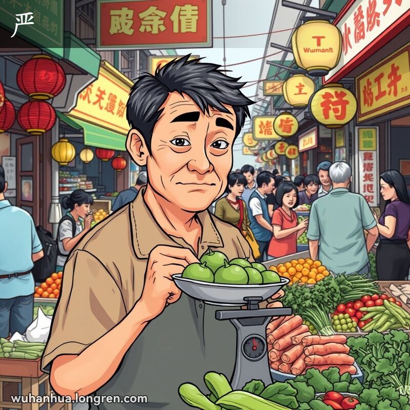 一位中年男子在武汉街市上认真称量蔬菜，背景是热闹的市场景象