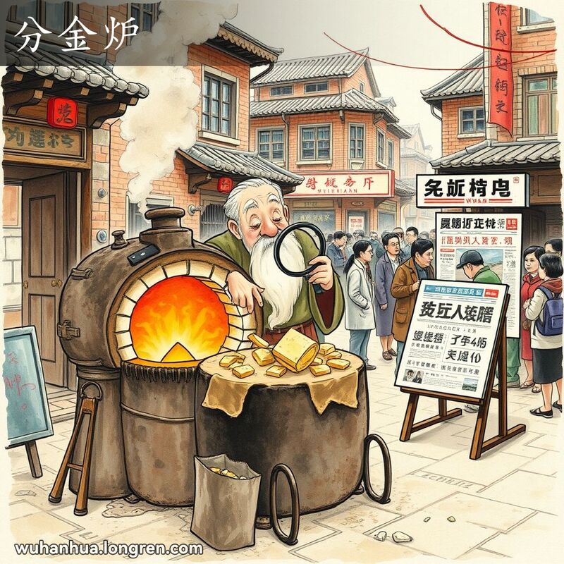 一条武汉老街，前景是古老的熔炼炉，炉内火焰熊熊，金子正在熔化。旁边是一位白须老人手持放大镜检查金子，背景有报摊和讨论新闻的人们。