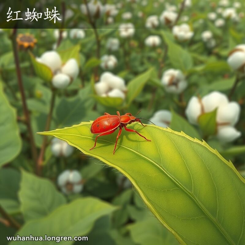 一只红色的棉红蜘蛛停在绿叶上，背景是棉花田，叶子上有红蜘蛛危害的痕迹