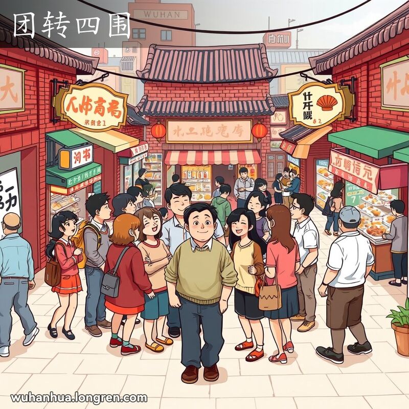 武汉市场热闹场景，人们围成一圈聊天，背景有小摊贩，主角绕圈走动，观察周围。