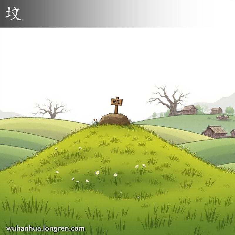 一座宁静的乡村坟墓，位于小山丘上，周围是绿草和野花，背景有老树和村庄。