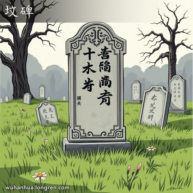一块古老的墓碑立在墓地中央，周围是绿草和野花，背景有其他墓碑和古树