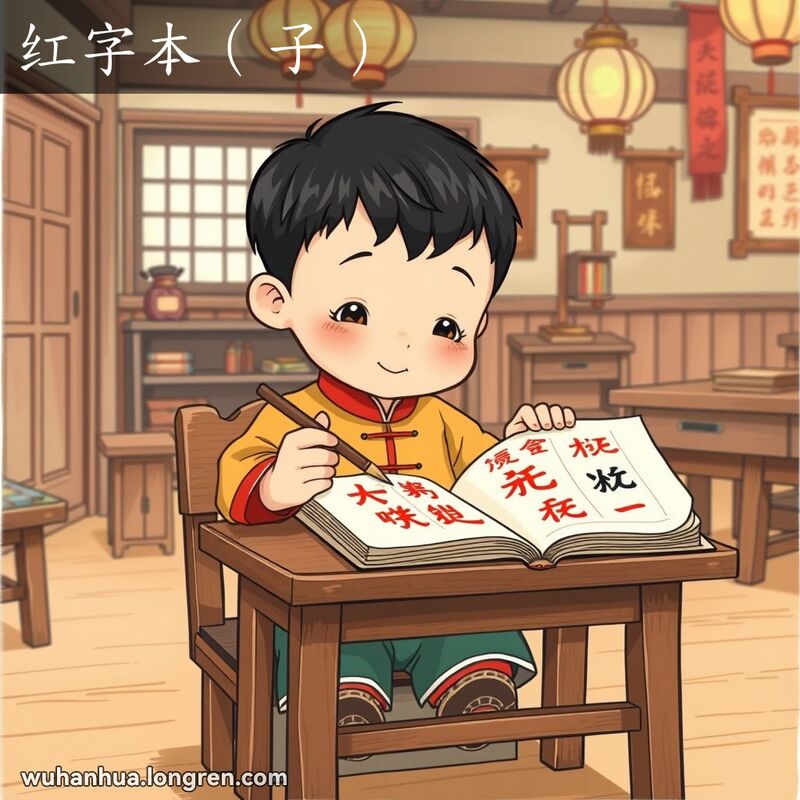 一个孩子在老式教室里用毛笔在红字本上练习书法，背景有木质家具和纸灯笼。