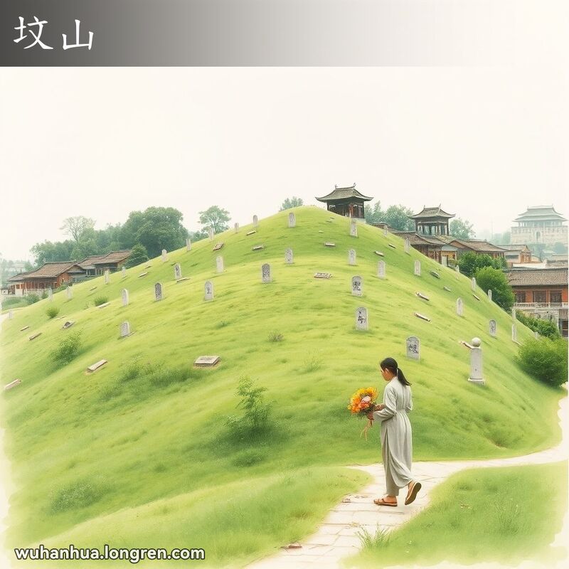 一座宁静的山丘，山上有墓碑和茂密的绿色植被，一位武汉居民手捧鲜花走上山坡，背景是武汉的传统建筑。