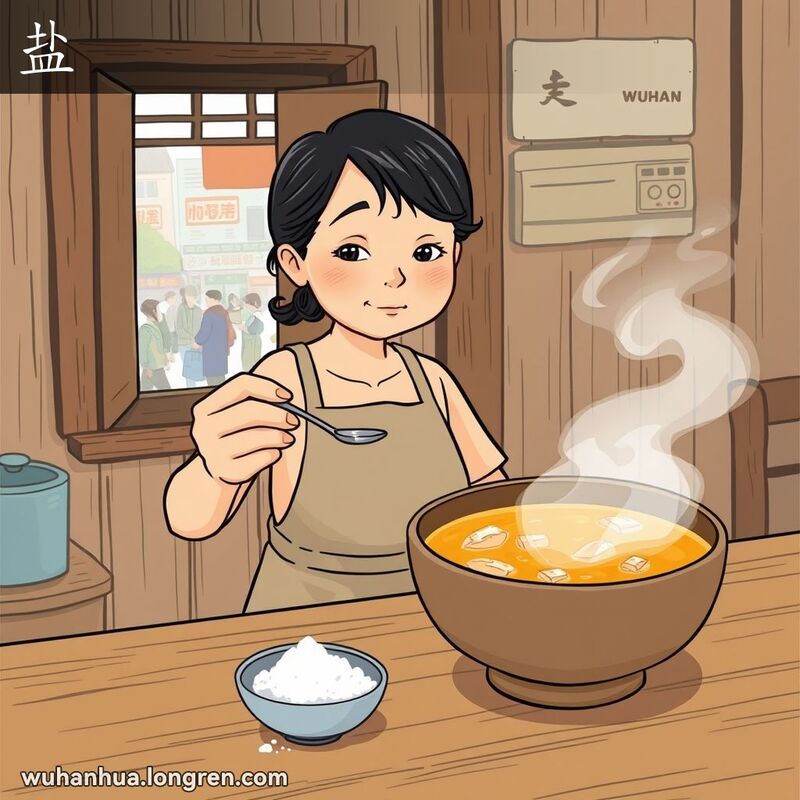 一位中年妇女在武汉厨房中，专注地将盐加入汤中，背景是武汉街景