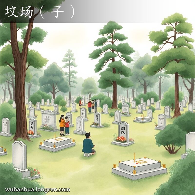 武汉郊区的一处墓地，周围环绕着茂密的绿树和高大的树木，墓地内布满了传统的中国墓碑，几位访客正在祭拜，背景是宁静的、略带阴云的天空