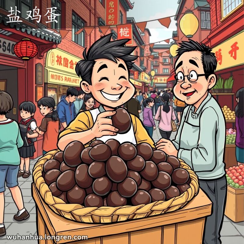 武汉街头市场，小食摊展示盐鸡蛋，摊主向顾客展示，背景有其他摊位和当地特产