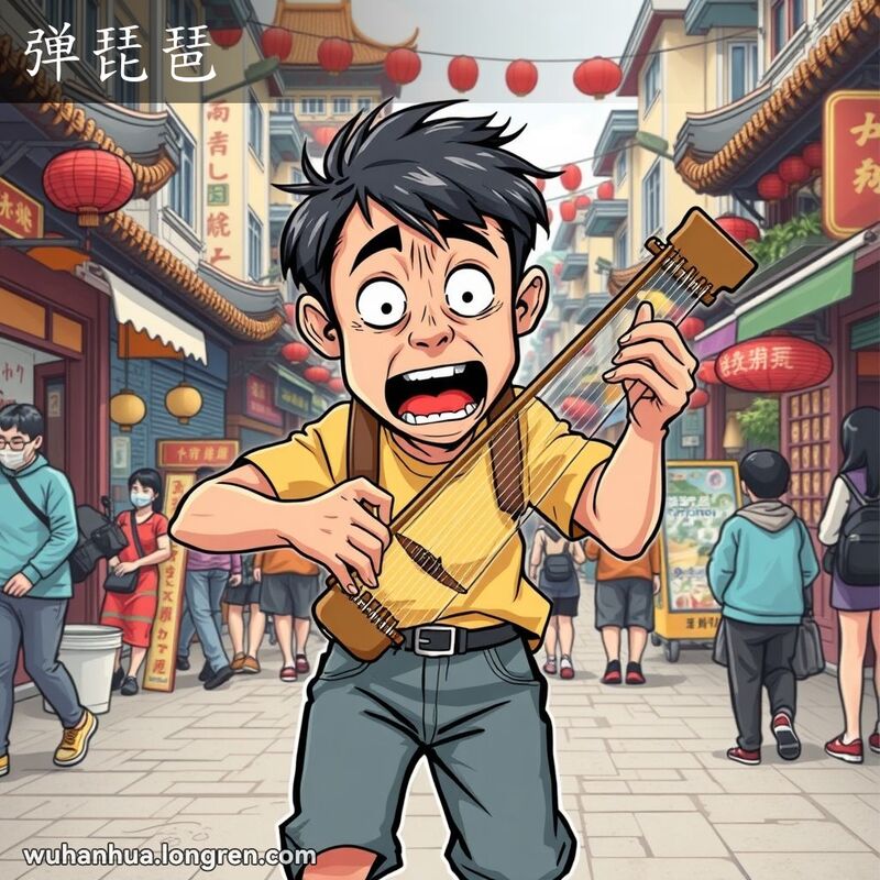 一位武汉市民在极度恐惧中全身颤抖，手脚抖动，仿佛在弹奏琵琶，背景是热闹的武汉街景