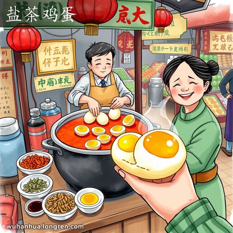 武汉街市摊位上煮茶叶蛋的场景，摊主正在煮蛋，居民手持茶叶蛋微笑，背景是热闹的市场